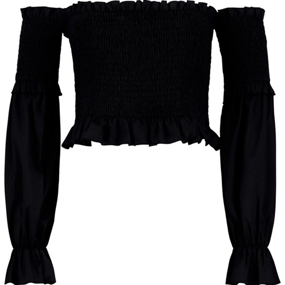 Boohoo Shirred Ruffle Hem Bardot Top NWT - Picture 3 of 5